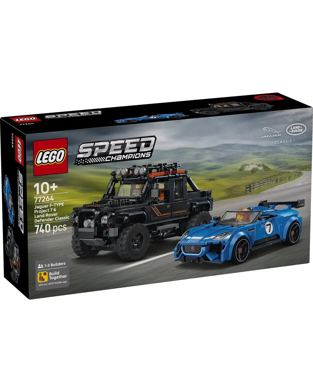 LEGO Speed Champions Jaguar E-Type Fastback Convertible building set box, showing the assembled black off-road vehicle and blue sports car on a road scene, with LEGO and Jaguar branding visible on the packaging.