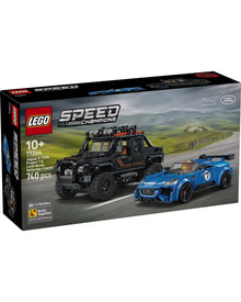 LEGO Speed Champions Jaguar E-Type Fastback Convertible building set box, showing the assembled black off-road vehicle and blue sports car on a road scene, with LEGO and Jaguar branding visible on the packaging.