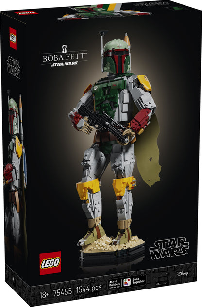 LEGO Star Wars Boba Fett set 75455 box, showing the assembled Boba Fett model on a black background with LEGO and Star Wars branding.