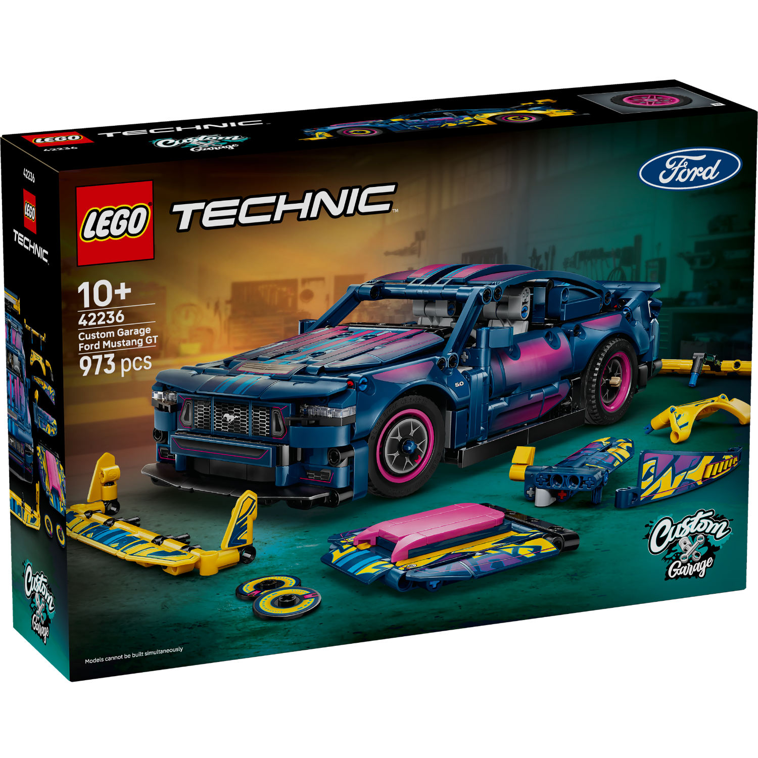LEGO Technic Ford Mustang GT set packaging with model and accessories on a dark background