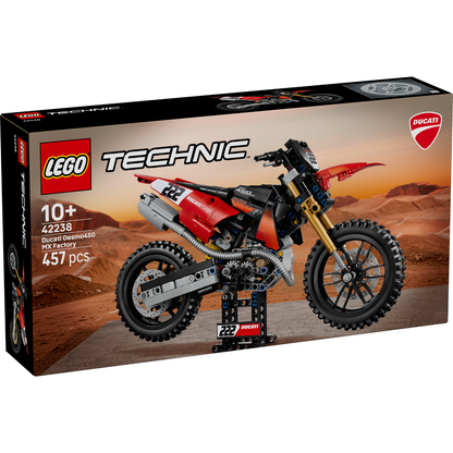 LEGO Technic Ducati Dirt Bike model kit box, set number 42238, featuring a red and black motocross bike on a desert background. The packaging displays the LEGO Technic logo, a Ducati logo, and product details including 457 pieces and age 10+.