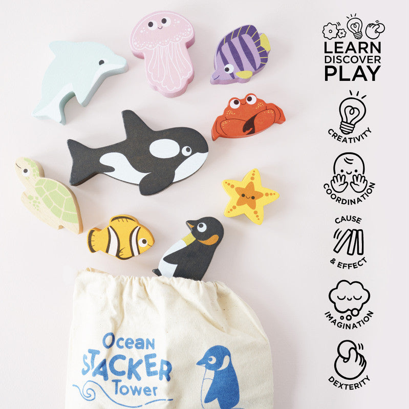 Le Toy Van - Ocean Life Stacking Animals & Bag - 10 Piece