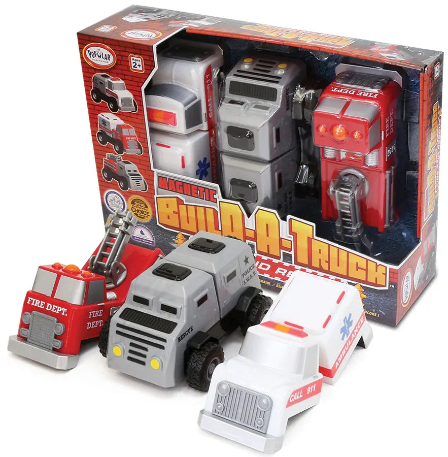 Popular Playthings Magnetic Build-A-Truck Fire & Rescue magnetic construction set with fire engine, ambulance and police truck pieces