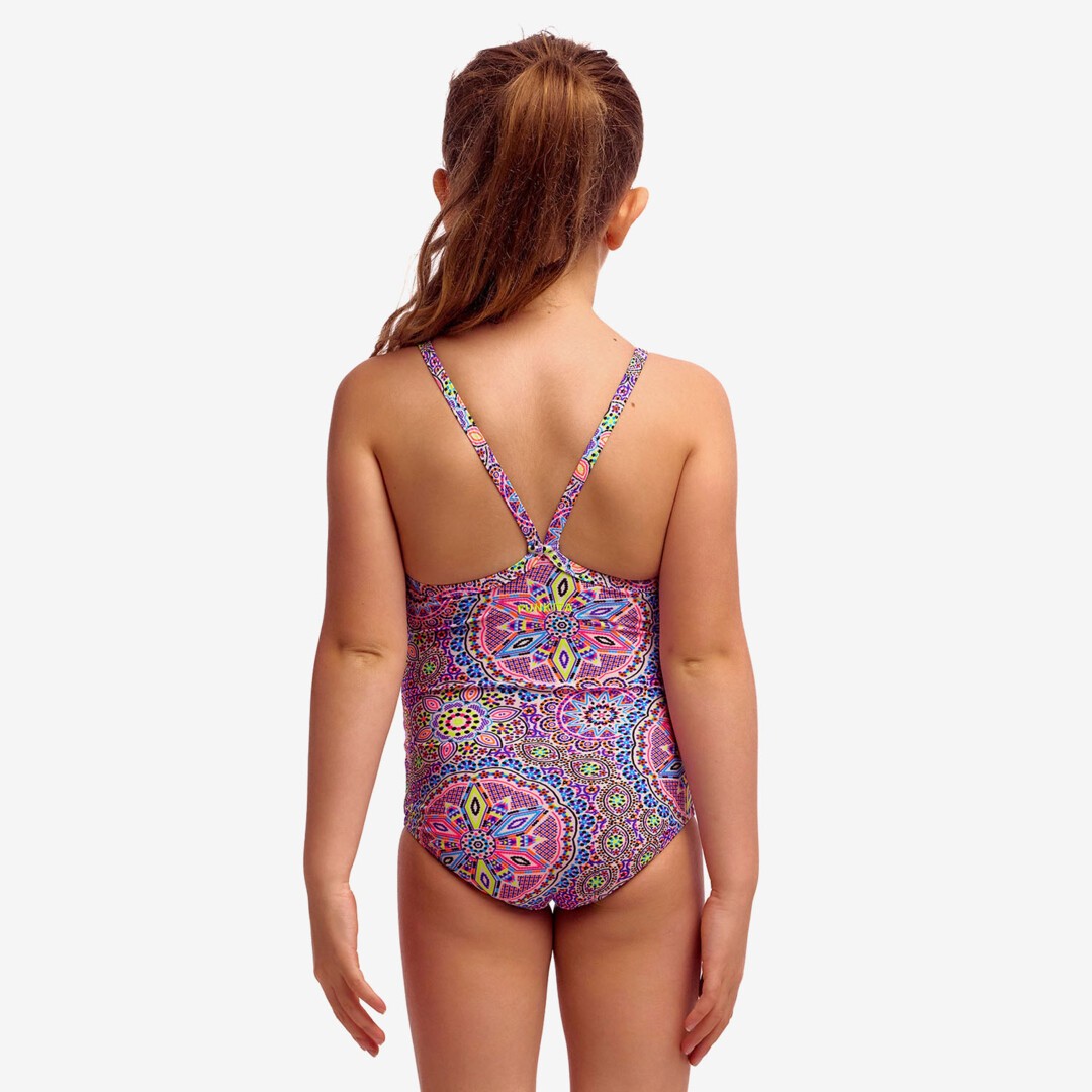 Funkita Love Lacy toddler girls one piece swimsuit in a colourful lace-inspired print, shown from the front