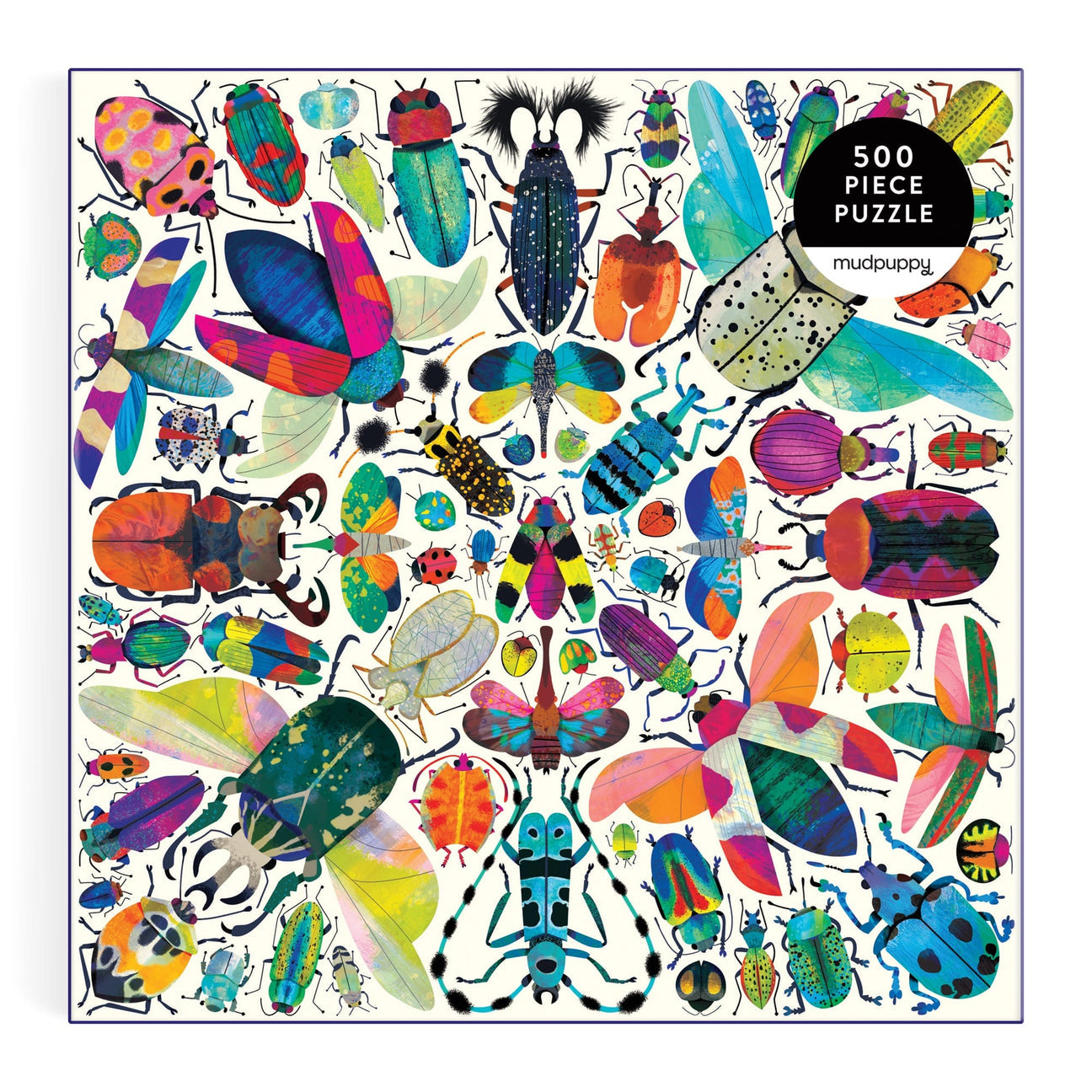 A square 500-piece jigsaw puzzle featuring a vibrant collage of colorful beetles, butterflies, and ladybugs on a white background, with a black circular badge in the top right that reads '500 PIECE PUZZLE' and the brand 'mudpuppy' printed below it.