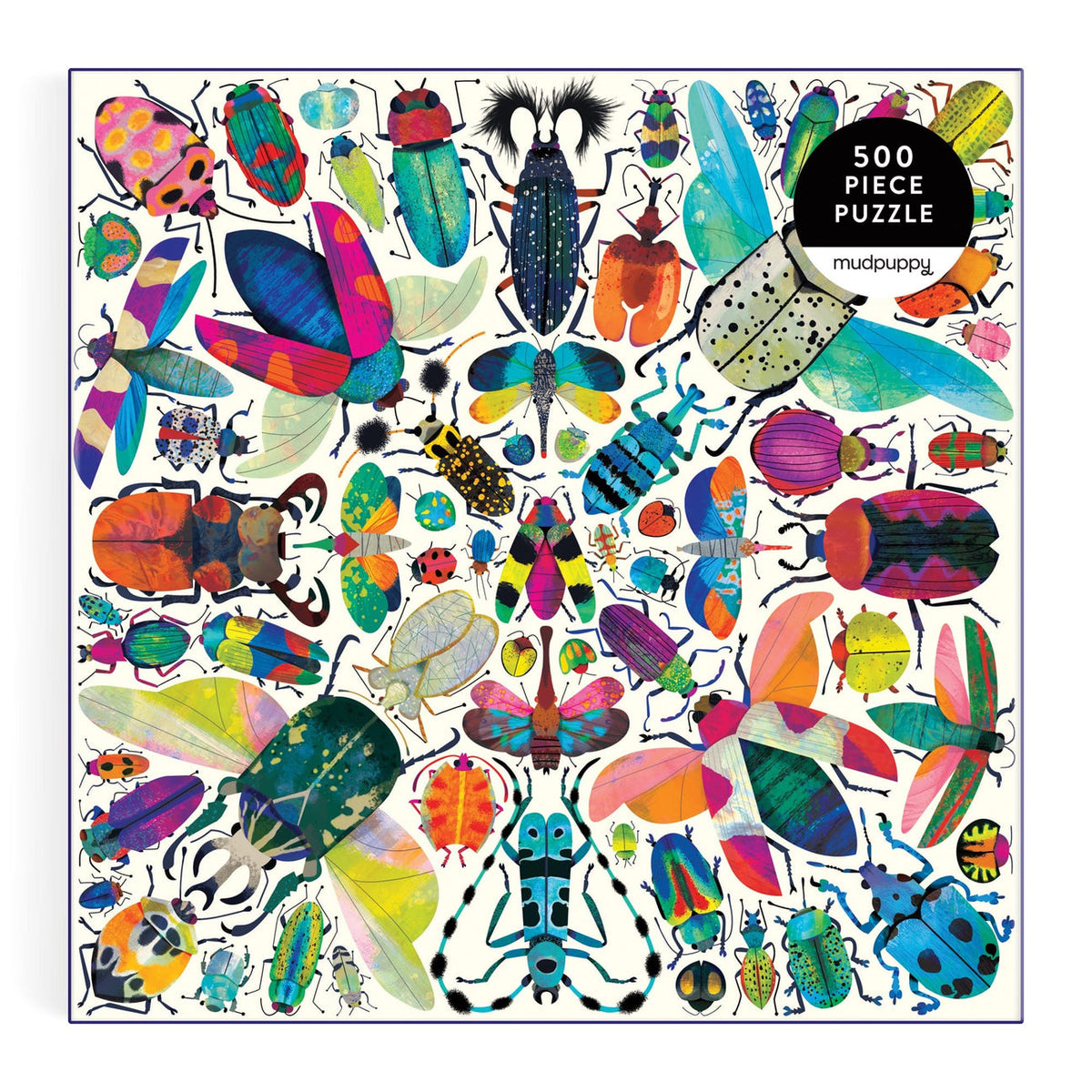 A square 500-piece jigsaw puzzle featuring a vibrant collage of colorful beetles, butterflies, and ladybugs on a white background, with a black circular badge in the top right that reads '500 PIECE PUZZLE' and the brand 'mudpuppy' printed below it.