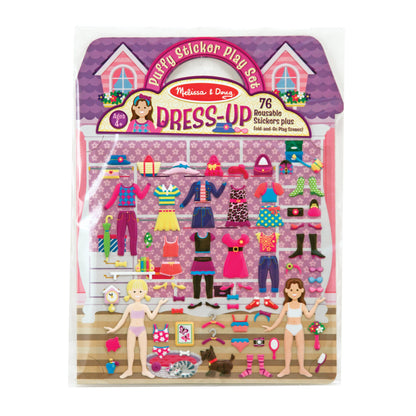Melissa & Doug dress-up sticker play set packaging with illustrations of clothes and accessories.