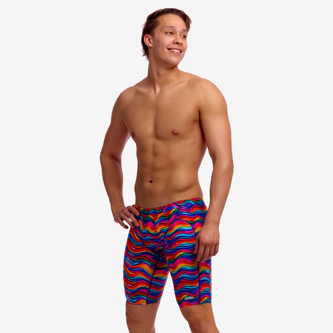 Funky Trunks Plastic Fantastic men's training jammers in a bright multicoloured print, front view