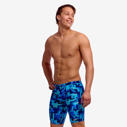 Funky Trunks You Blued men's training jammers in blue print, shown from the front on a plain background