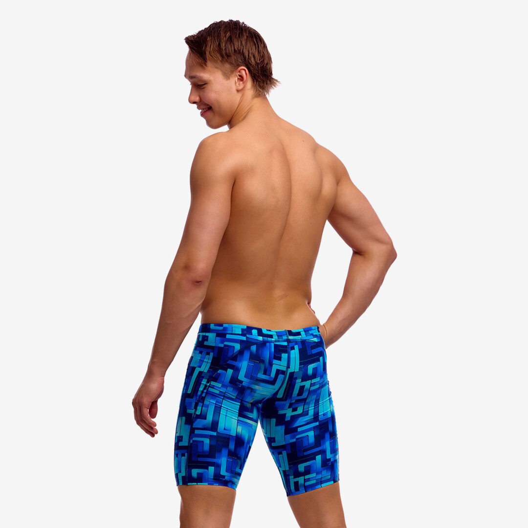Funky Trunks You Blued men's training jammers in blue print, shown from the front on a plain background