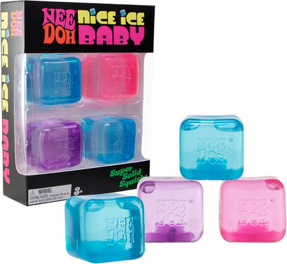 A boxed novelty product labeled 'Nee Doh Baby' with six translucent jelly-like square blocks in blue, pink, and purple, plus three loose pieces displayed in front on a white background.