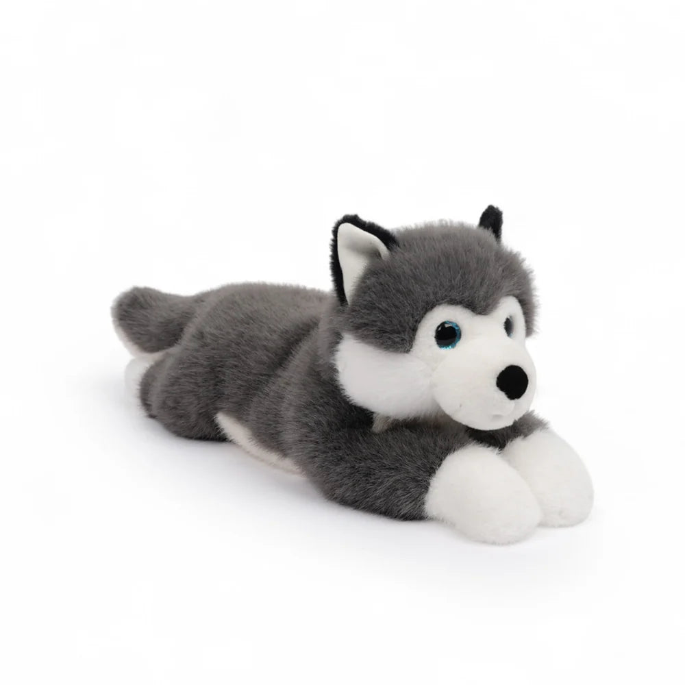 One Love Scout Husky weighted plush toy with grey and white fur and bright blue eyes made from recycled materials
