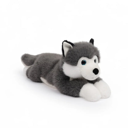 One Love Scout Husky weighted plush toy with grey and white fur and bright blue eyes made from recycled materials