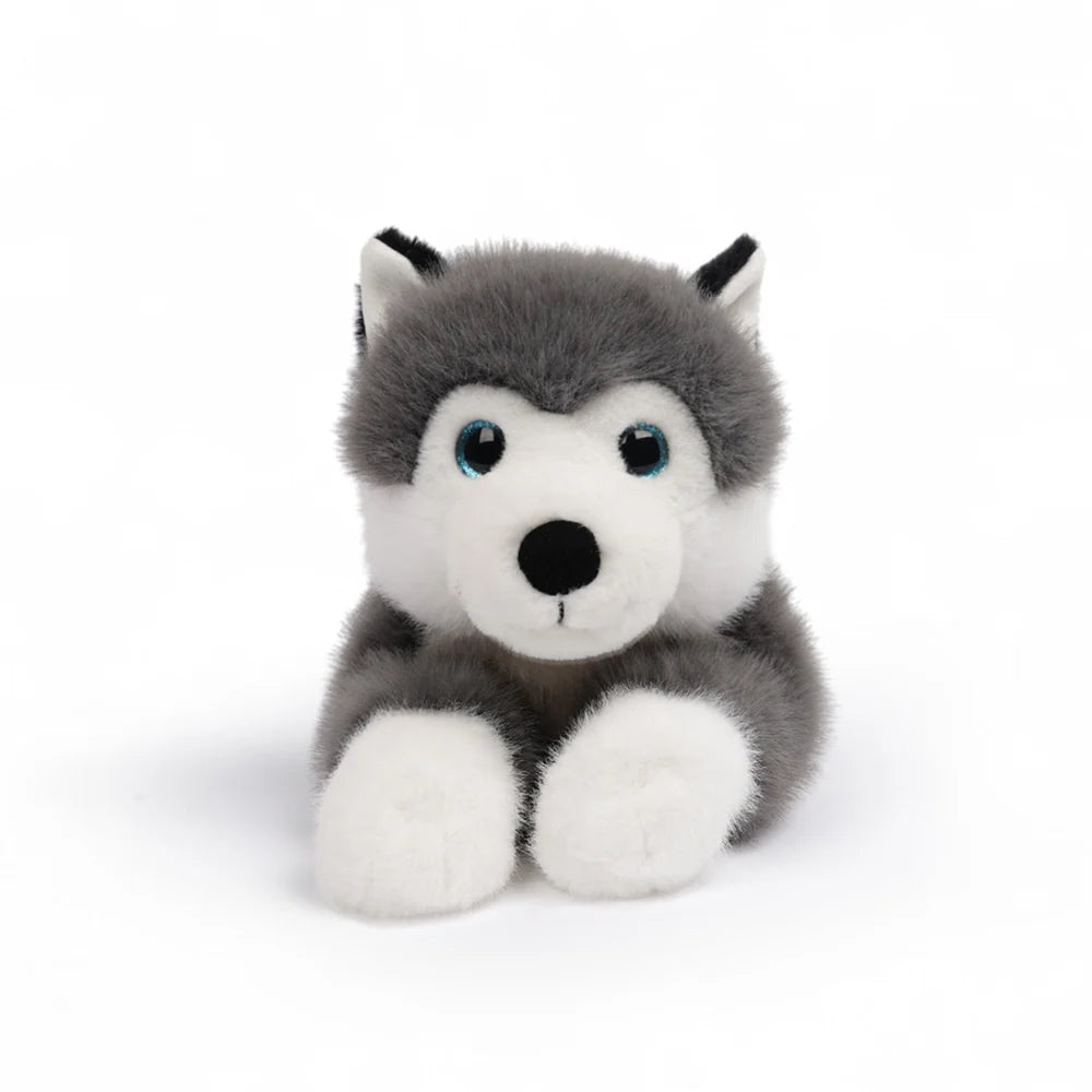 One Love Scout Husky weighted plush toy with grey and white fur and bright blue eyes made from recycled materials