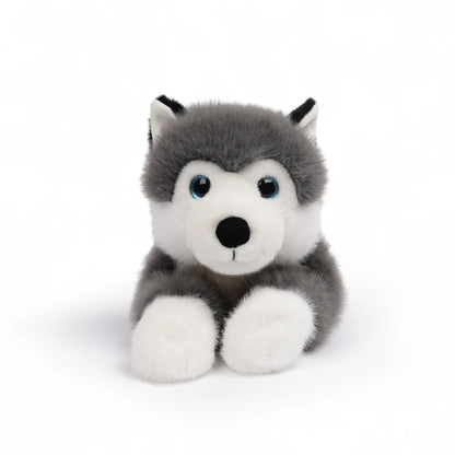 One Love Scout Husky weighted plush toy with grey and white fur and bright blue eyes made from recycled materials