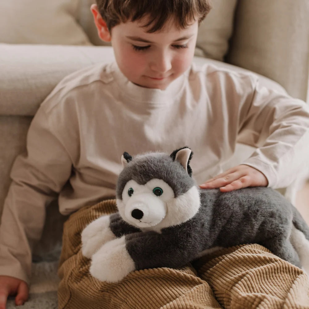 One Love Scout Husky weighted plush toy with grey and white fur and bright blue eyes made from recycled materials