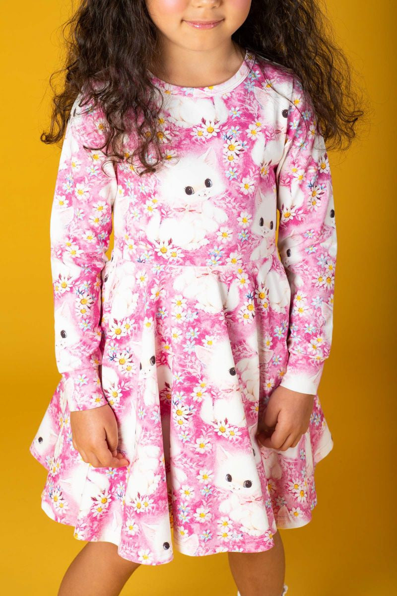 White Kitten Long Sleeve Waisted Dress