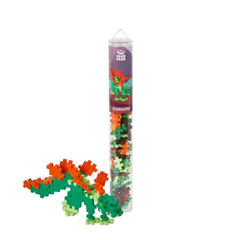 Plus-Plus Stegosaurus 100 piece tube standing upright against a plain white background