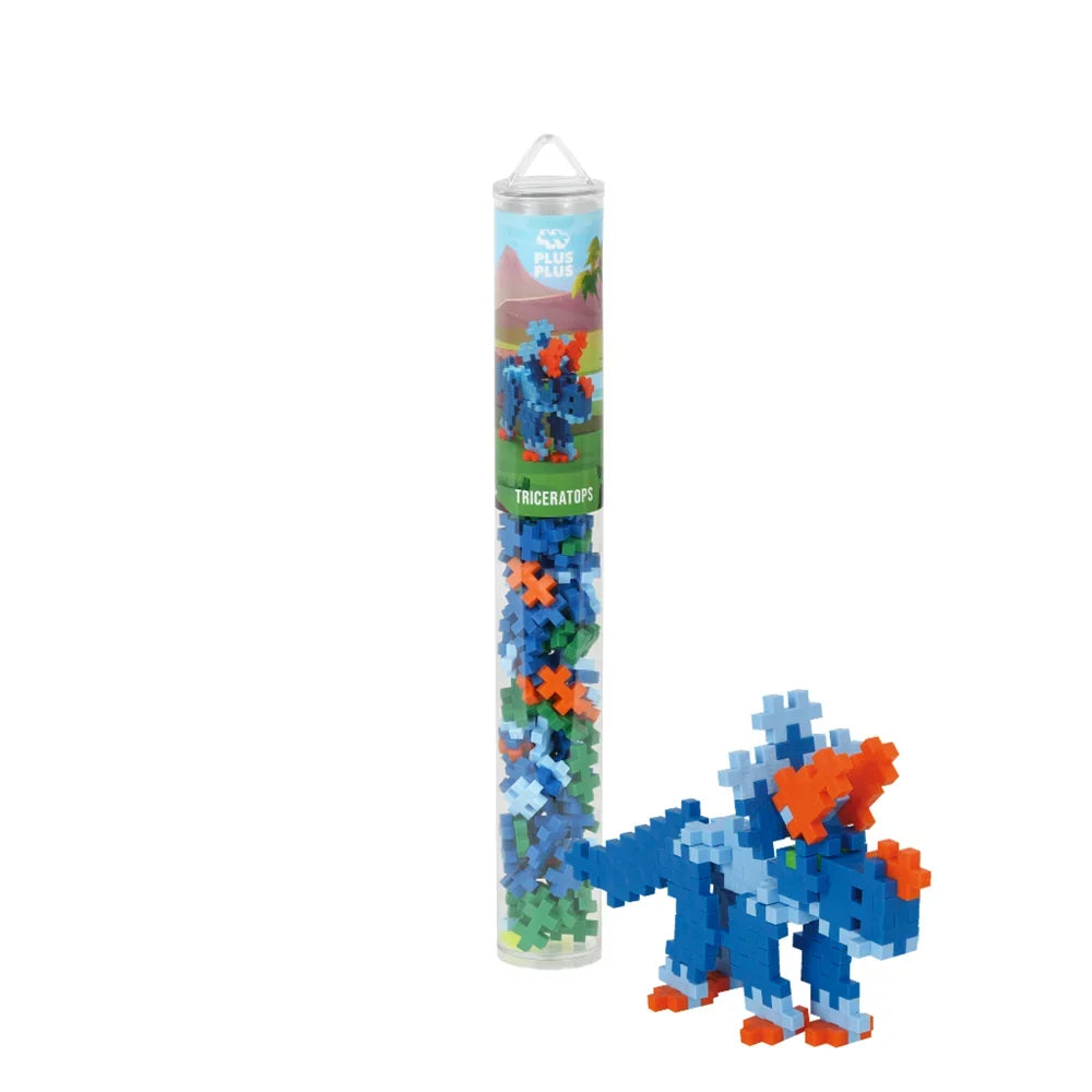 Plus-Plus Triceratops 100 piece tube standing upright against a plain white background