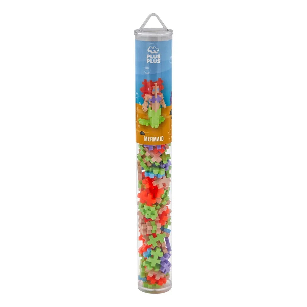Plus-Plus Mermaid 100 piece building tube standing upright against a plain white background