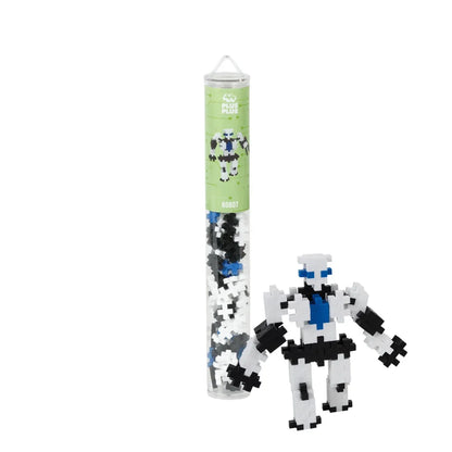 Plus-Plus Robot 100 piece building tube standing upright against a plain white background