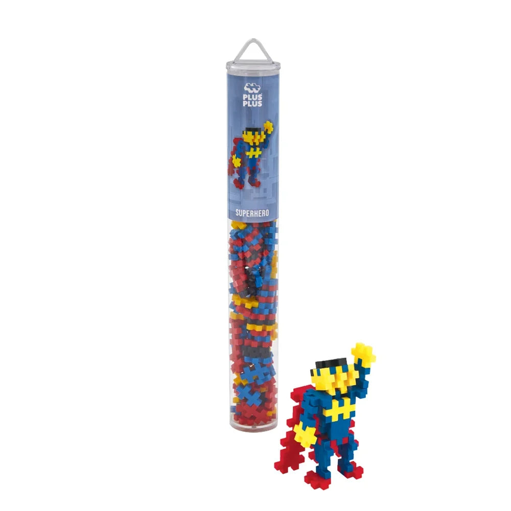 Plus-Plus Superhero 100 piece tube standing upright against a plain white background