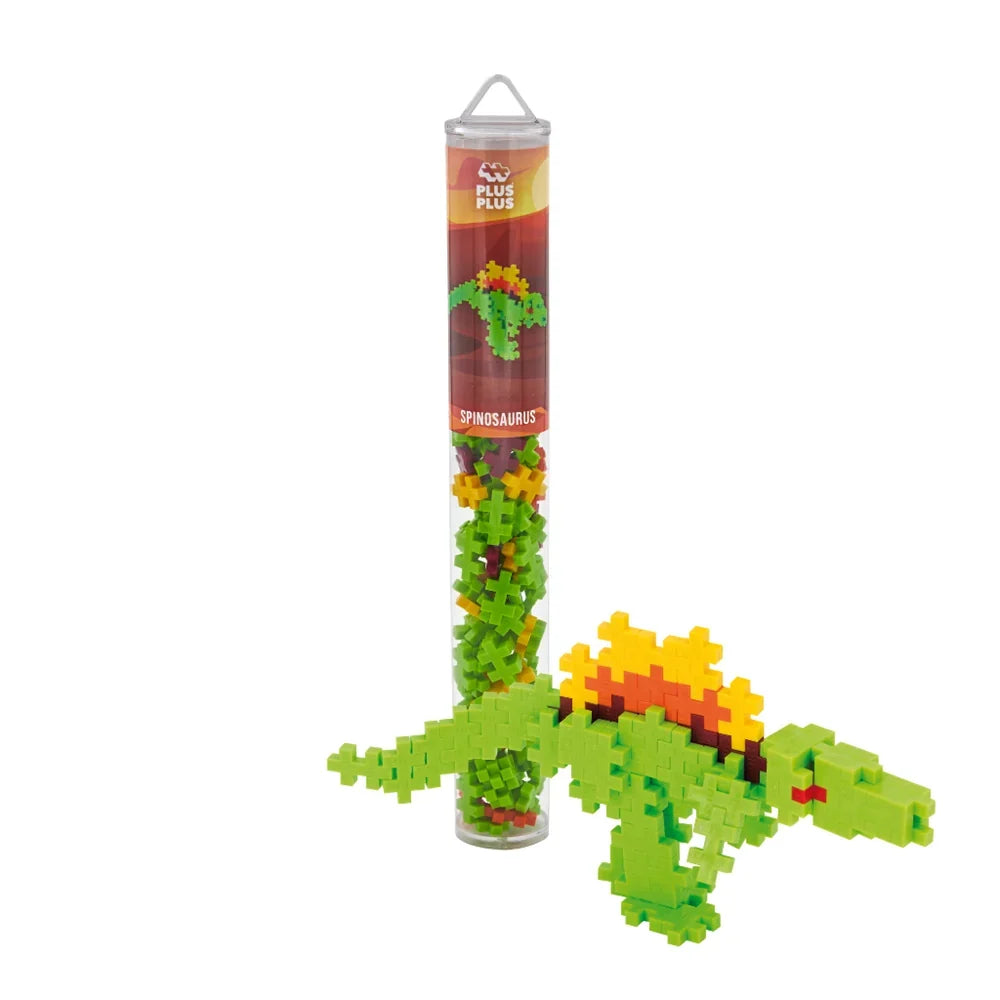 Plus-Plus Spinosaurus 100 piece tube standing upright against a plain white background