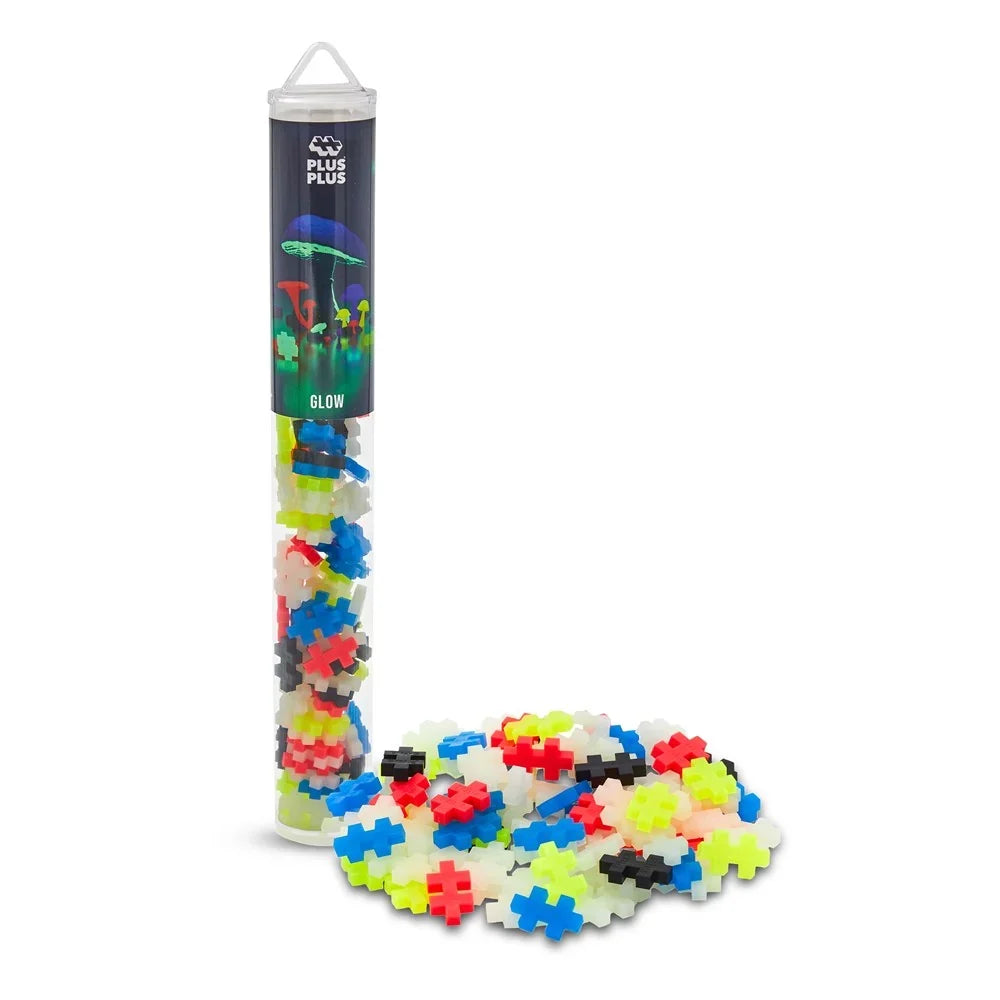 Plus-Plus Glow in the Dark 100 piece tube shown upright against a plain white background