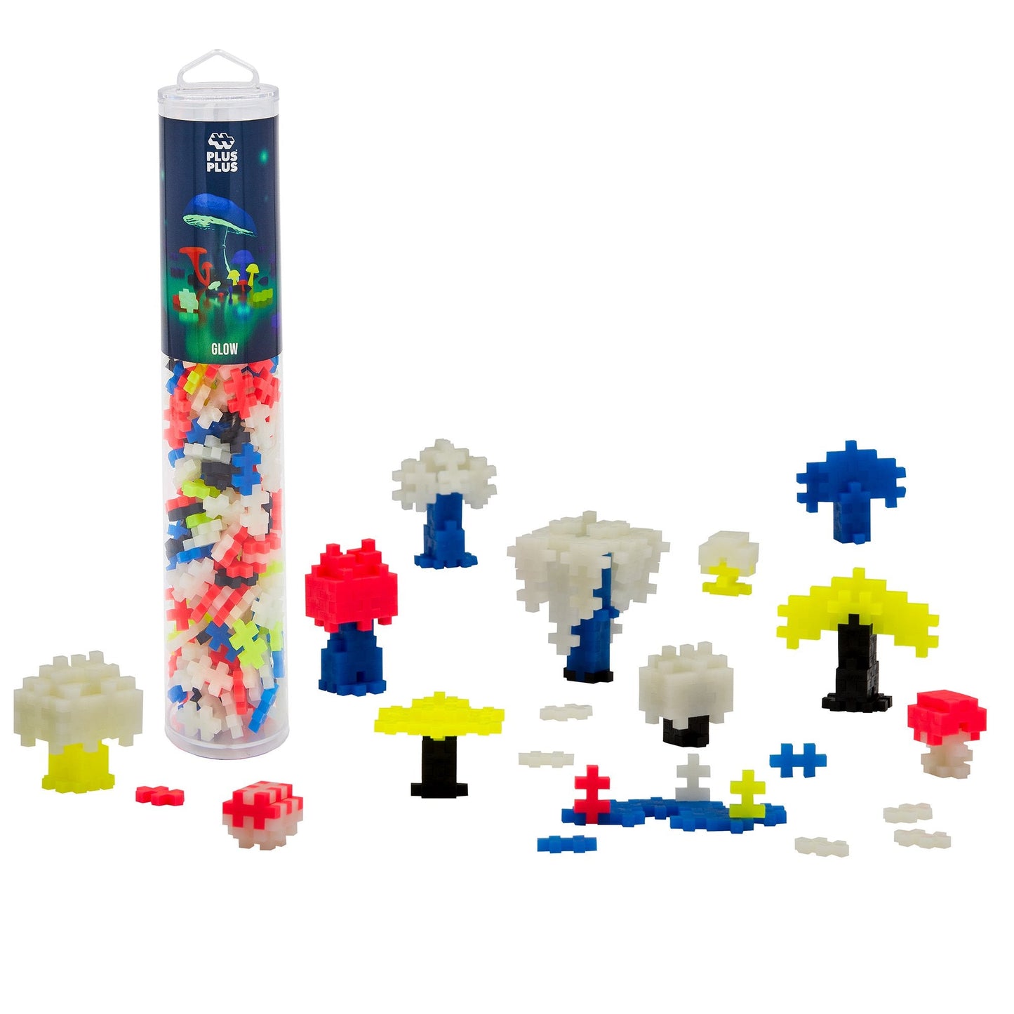 Plus-Plus Glow in the Dark Mix 240 piece tube standing upright on a white background