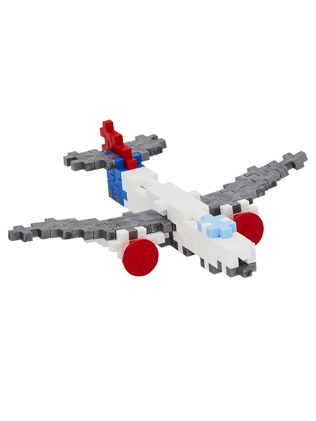 Plus-Plus Airplane 100 piece building tube standing upright against a plain white background