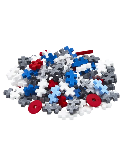 Plus-Plus Airplane 100 piece building tube standing upright against a plain white background