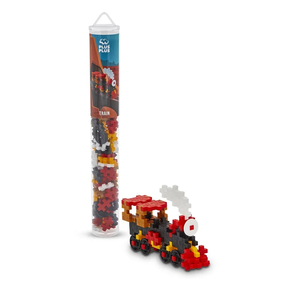 Plus-Plus Train 100 piece building tube standing upright against a plain white background