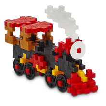 Finished Plus-Plus steam locomotive with funnel and cab built from 100 basic-colour pieces
