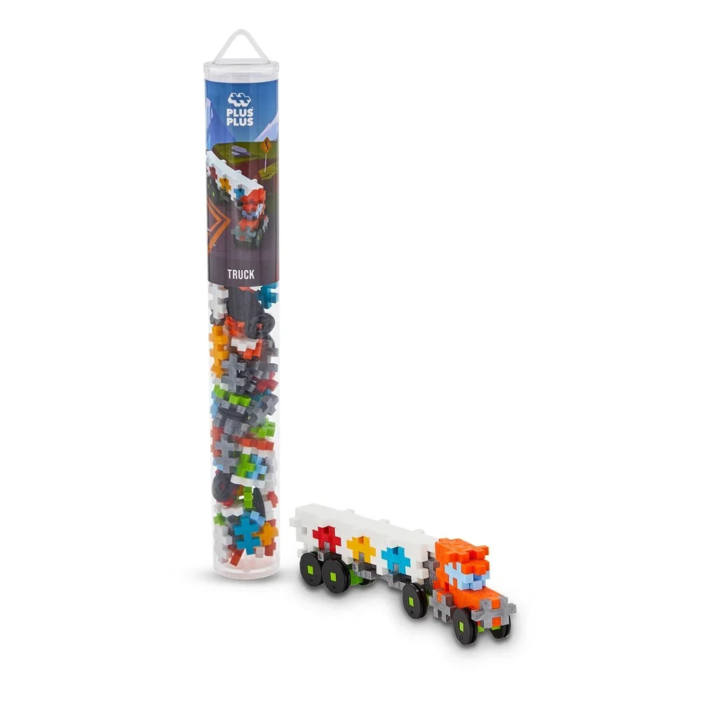 Plus-Plus Truck 100 piece tube standing upright against a plain white background