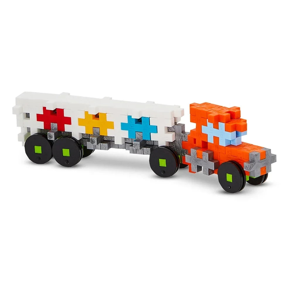 Finished Plus-Plus truck with cab and trailer built from 100 interlocking basic pieces