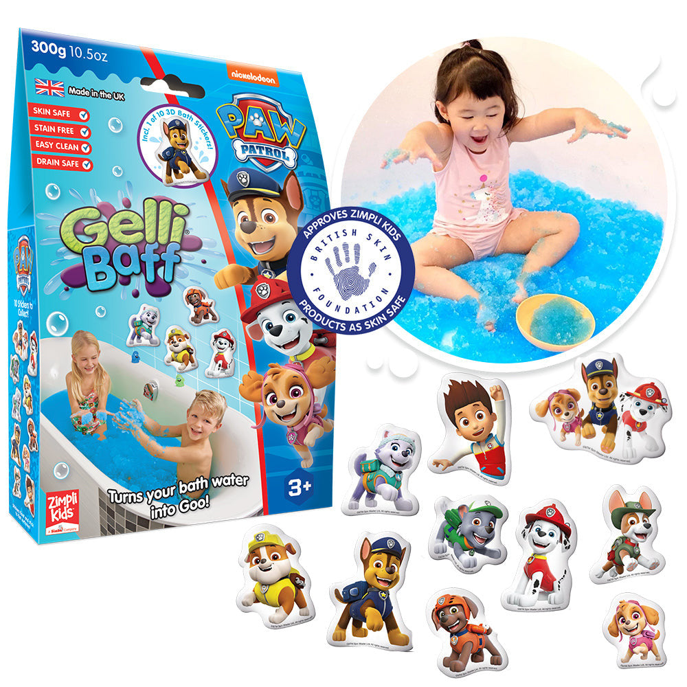 Paw Patrol Gelli Baff blue bath slime activity set with Paw Patrol bath stickers and sensory bath play