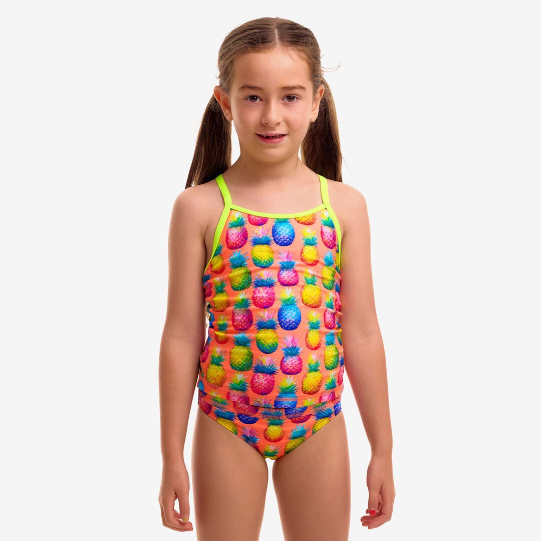 Funkita Pinky Piney toddler girls one piece swimsuit in pink and green, shown from the front with full back coverage