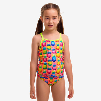 Funkita Pinky Piney toddler girls one piece swimsuit in pink and green, shown from the front with full back coverage