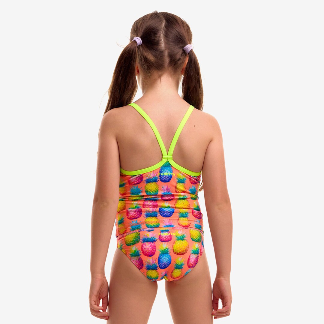Funkita Pinky Piney toddler girls one piece swimsuit in pink and green, shown from the front with full back coverage