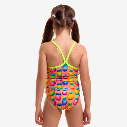 Funkita Pinky Piney toddler girls one piece swimsuit in pink and green, shown from the front with full back coverage