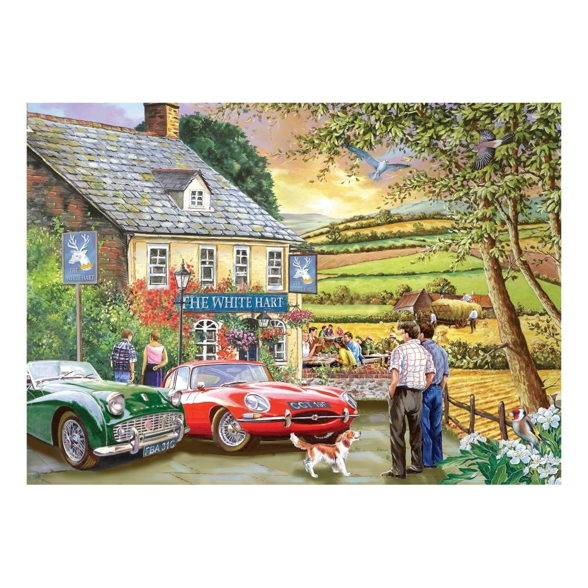 Illustration of a pub scene with vintage cars and people outside.