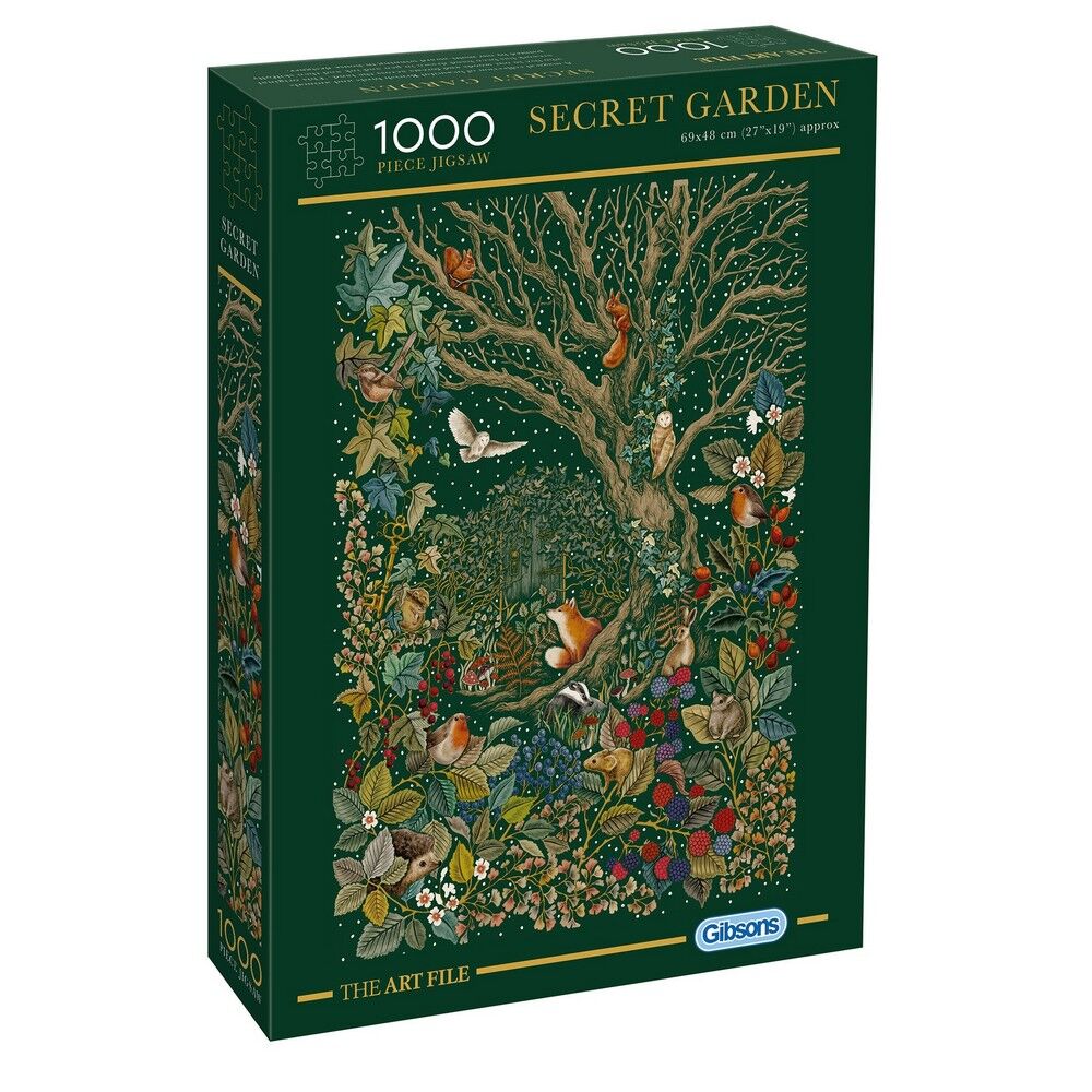 A 1000-piece jigsaw puzzle box titled 'Secret Garden' from The Art File by Geobo. The box is dark green and features a highly detailed, colorful illustration of a forest scene with a large tree, birds, foxes, and foliage.