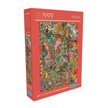 A 1000-piece jigsaw puzzle box from the brand Casely, titled 'Soleil'. The box features a vibrant, highly detailed jungle and animal illustration with leopards, tigers, and tropical foliage.