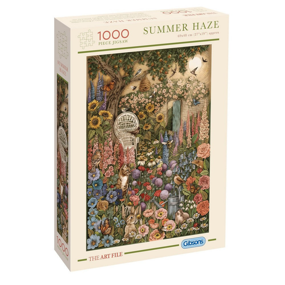 Jigsaw puzzle box titled 'Summer Haze' with a colorful garden illustration on a white background.