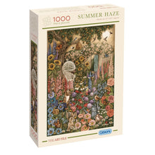 Jigsaw puzzle box titled 'Summer Haze' with a colorful garden illustration on a white background.