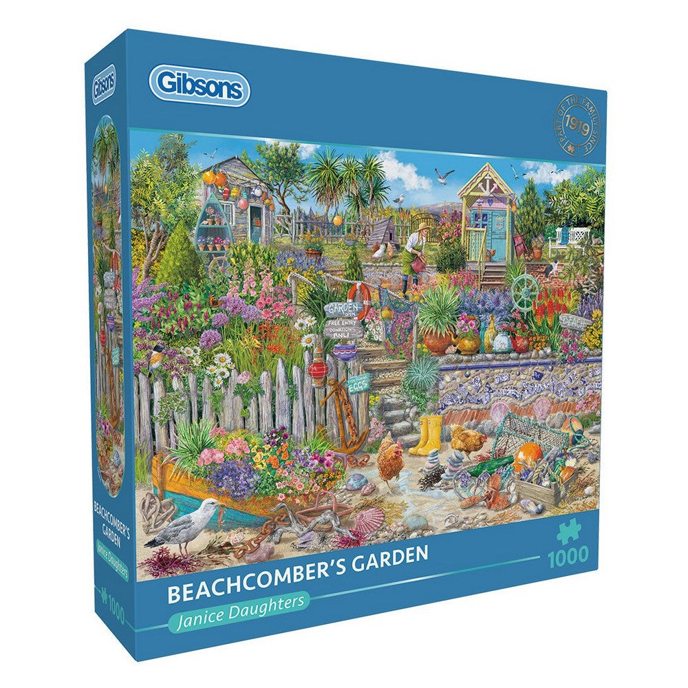 Gibsons puzzle box titled 'Beachcomber's Garden' with colorful garden illustration on a white background