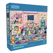 Gibsons puzzle box titled 'Betty's Birthday' with colorful illustration of a birthday party scene.