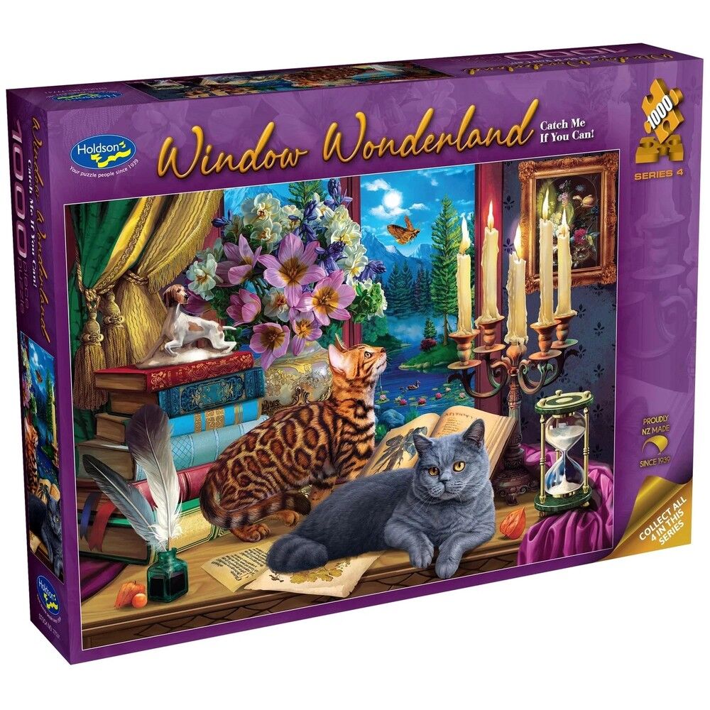 Holdson Window Wonderland puzzle box with cats and candles on a purple background