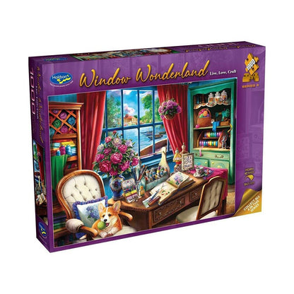Jigsaw puzzle box titled 'Window Wonderland' with a colorful interior scene on a white background.