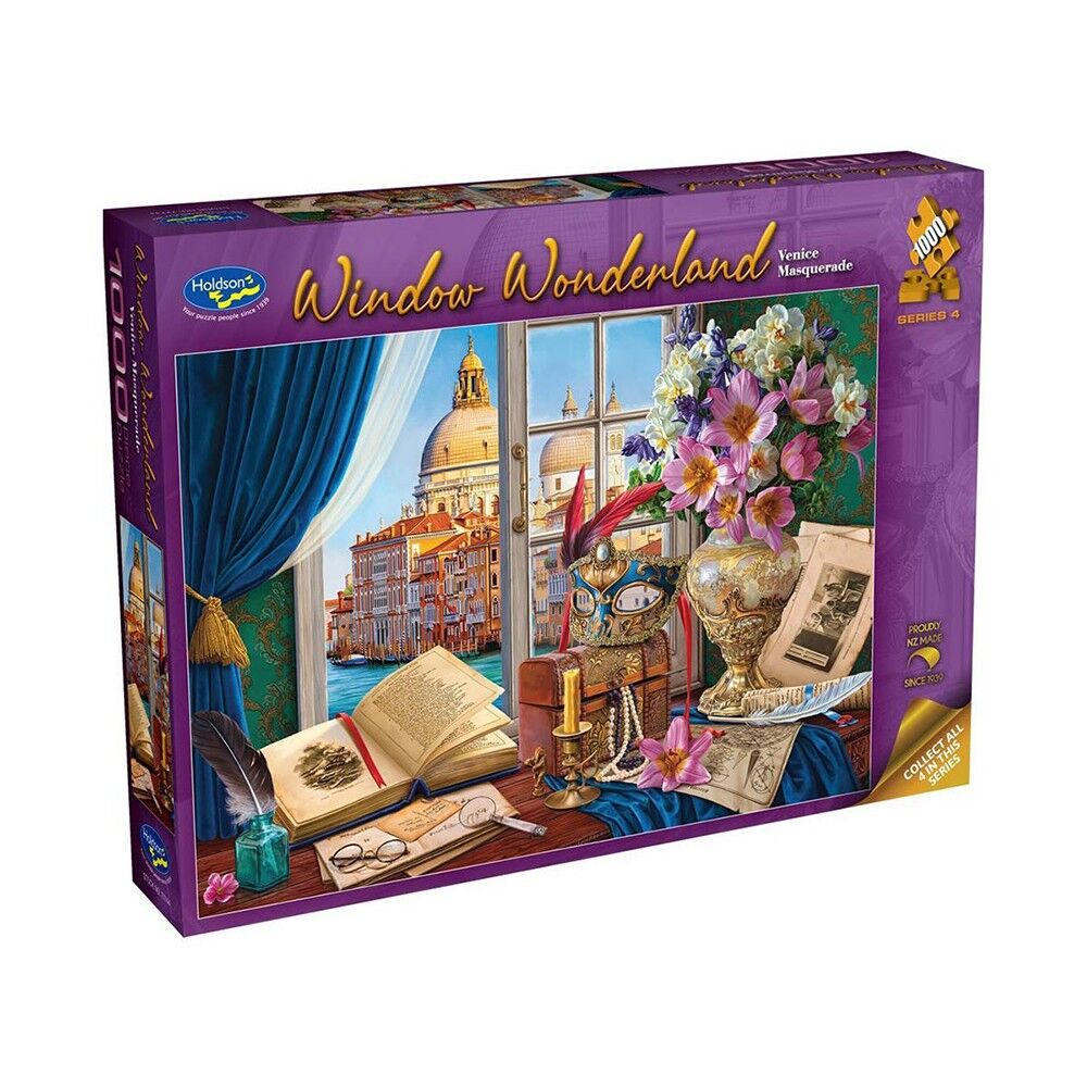 Jigsaw puzzle box titled 'Window Wonderland' with a scenic design on the cover.